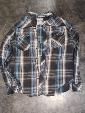 Men's Plaid Button-Down Shirt in Black, White & Light Blue